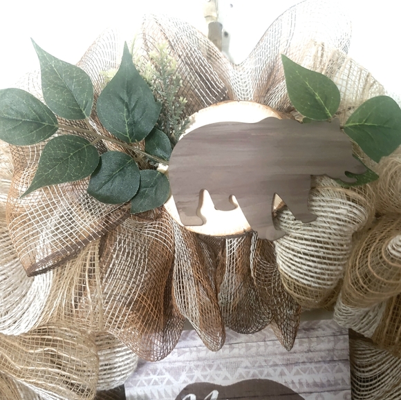 Moma Bear Wreath Jute Deco Mesh Bow Wood Cabin Country Farmhouse Mother's Day - Picture 5 of 8